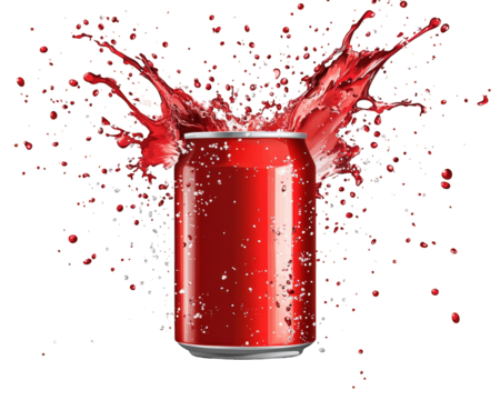 soft drink can exploding with fizz and foam, creating dynamic splash of red liquid. vibrant colors and energetic motion evoke excitement and refreshment