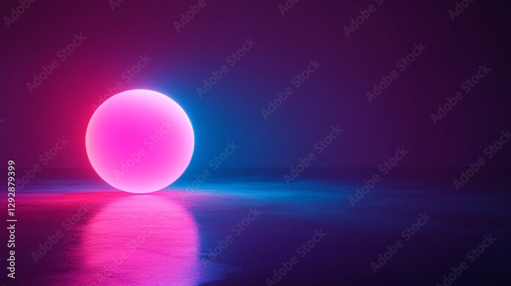 Poster glowing pink and blue neon sphere on reflective surface against dark background, futuristic abstract