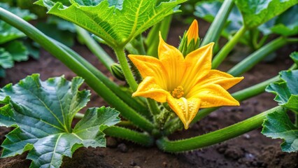 Yellow Flower and Green Leaves of Zucchini Plant in Vegetable Garden, green, plant,  green, plant, growth, bloom