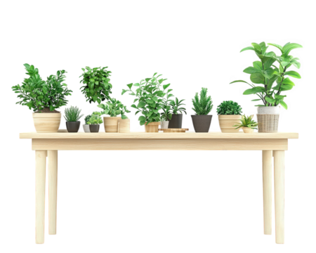 wooden desk adorned with various potted plants, creating serene and calming workspace. greenery adds touch of nature, enhancing atmosphere of environment