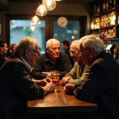 Elderly friends gathered at a bar