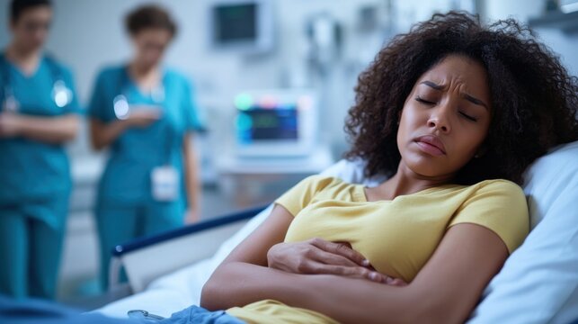 Abdominal pain suffered by a woman at a hospital emergency room. Featuring urgent care and discomfort