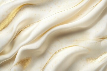 Fototapeta premium Elegant Satin with Golden Details: A close-up view of a luxurious, flowing satin fabric in a soft cream color, accented with delicate gold threads. The image exudes elegance and sophistication.