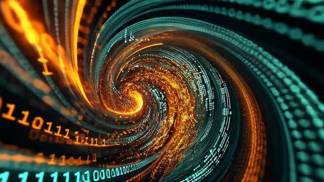 Dynamic Data Stream with Glowing Binary Code in Vibrant Orange and Teal Colors in a Streamlined