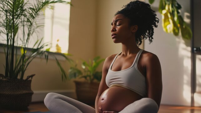 Abdominal pain suffered by a woman in a yoga studio. Featuring discomfort and mindfulness