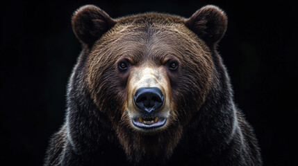 Fototapeta premium A close-up of a grizzly bear's face, mouth slightly open revealing massive canines, deep brown eyes full of intensity