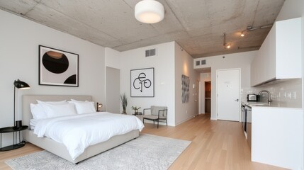 Modern Studio Apartment Interior, Minimalist Design, Open Concept Kitchen,  Cozy Bedroom