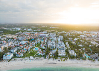 A beautiful beach with a town in the background