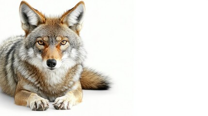 Obraz premium A close-up of a coyote resting on a white background, showcasing its features and fur.