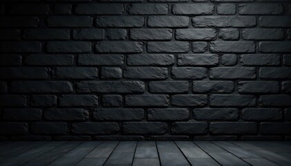 Fototapeta premium Black brick wall panoramic view Deep shadows, rugged texture , rough, design, wall