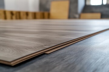 Fototapeta premium Installing laminate and sound insulation on concrete space repair and decor contemporary flooring blurred effect