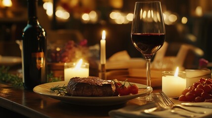 romantic candlelit dinner in a restaurant with red wine and gourmet steak