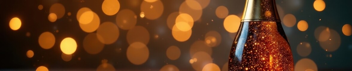 Champagne bottle against golden shimmer, festive sparklers , sophisticated, sparkling wine