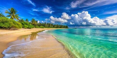 Obraz premium Serene Tropical Beach Under Blue Sky with White Clouds and Palm Trees