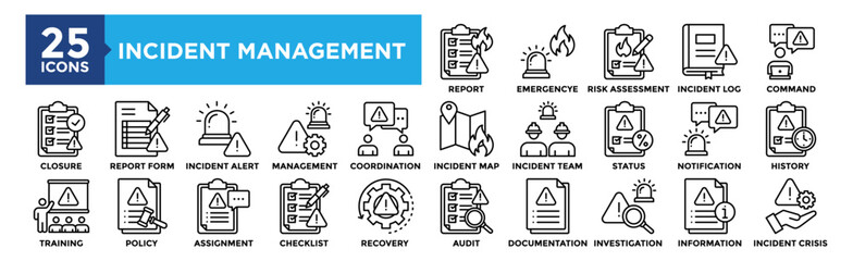 Incident Management icon collection set. Containing design Incident Report, Emergency Response, Risk Assessment, Incident Log, Incident Command