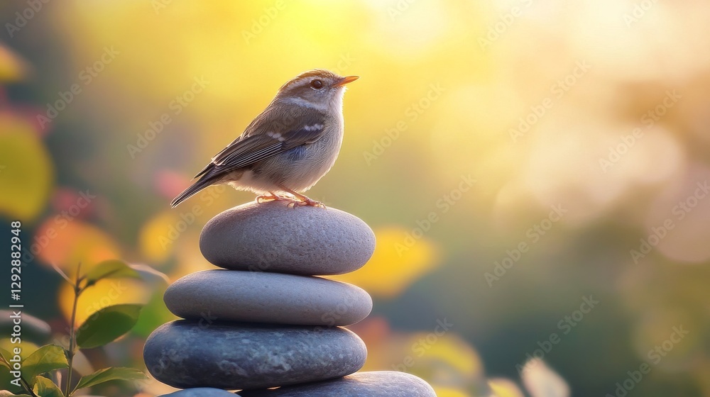Poster small bird perched on a stack of gray stones surrounded by soft golden sunlight with blurred foliage