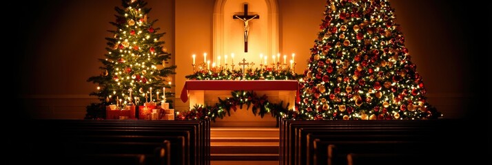 A serene church interior decorated for Christmas with trees and candles.