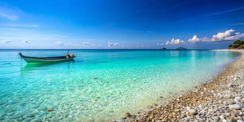Fototapeta premium Tranquil Beach Scene with Boat on Crystal Clear Turquoise Water