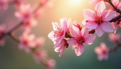 Obraz premium Delicate pink petals cover branches, soft spring light filters through leaves , botany, calm