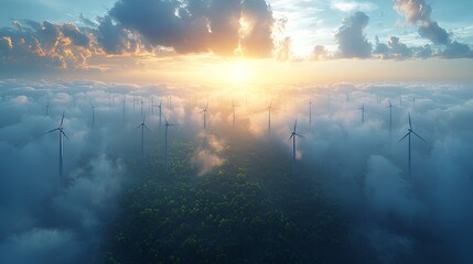 Fototapeta premium Aerial view wind turbines above clouds over a lush forest at sunset. Possible use Stock photo for environmental conservation, renewable energy, or nature-themed projects
