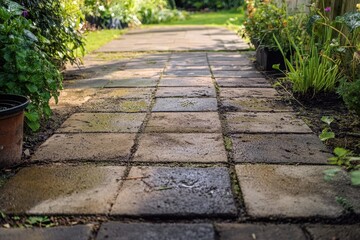 Obraz premium Interlocking floor slabs in the garden are half clean and half dirty post anti foam cleaning