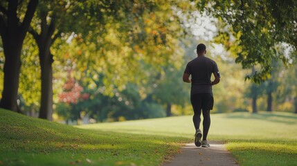 Hypertension patient walking with a fitness tracker in a park. Featuring exercise and wellness