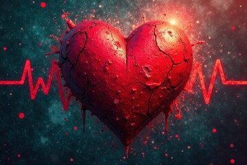 Grungy heart pulsates, scratched film texture , damaged, shadow