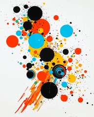 Obraz premium Psychedelic 60's-inspired paint splatter artwork, bold fluorescent colors with swirling patterns on white background