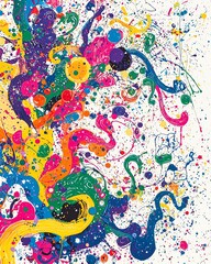 Obraz premium Psychedelic 60's-inspired paint splatter artwork, bold fluorescent colors with swirling patterns on white background