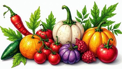 Hand-drawn vibrant spices & herbs, intricate details, texture, dill, food