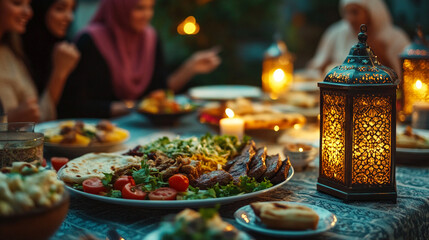 Muslim Family Iftar Feast During Ramadan with Tasty Arabic Middle Eastern Dishes