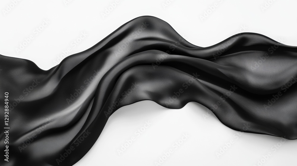 Poster flowing black silk fabric with smooth waves on white background. elegant textile texture design conc