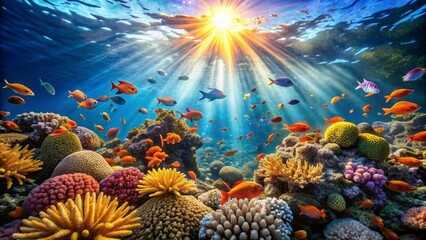 Vibrant Coral Reef Underwater Scene with Colorful Fish and Sunlight