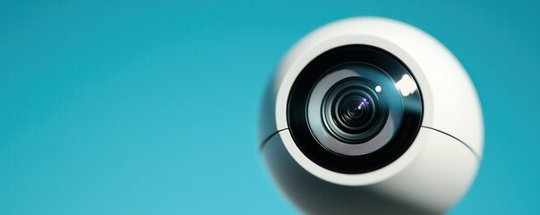 close up of modern security camera lens against blue background, showcasing its sleek design and advanced technology. image highlights camera precision and focus