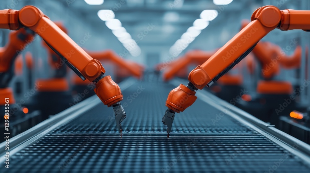 Poster robotic arms working on assembly line in industrial factory setting with advanced automation technol