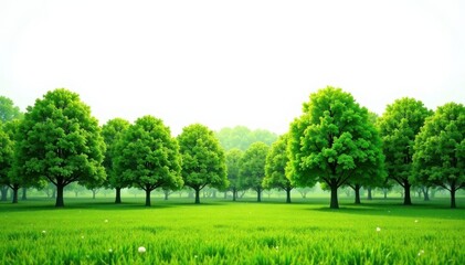 Fototapeta premium Lush green trees line up against a bright white sky , foliage, shadow, treetops