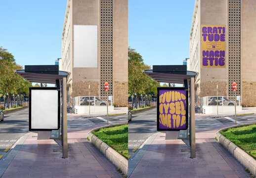 Bus Stop Shelter and big poster in building wall With Empty Ad Space in Barcelona