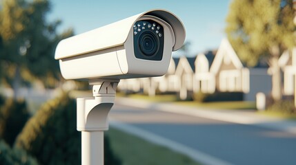 security camera is mounted outdoors, monitoring suburban neighborhood with houses in background, under clear blue sky