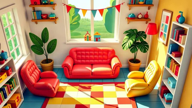 A living room with a red couch and two yellow chairs. There are also two potted plants and a clock on the wall