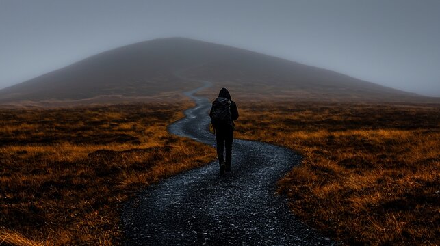 Solitary hiker on foggy path towards hill.