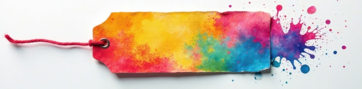 Recycled paper tag, crimson thread, multicolored splash, multicolored, red