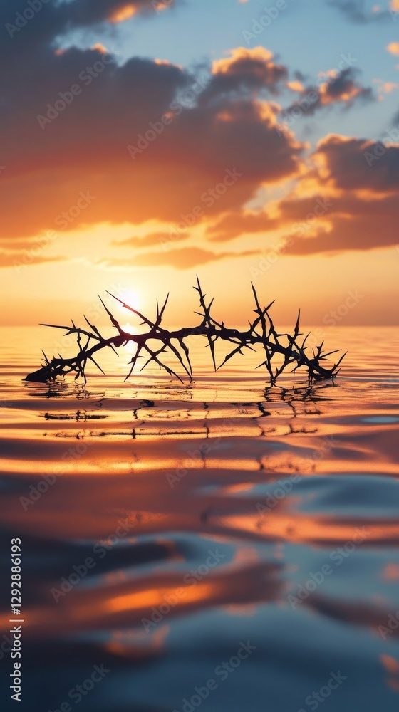 Poster silhouette of thorny branch in calm ocean against vibrant sunset with orange clouds. nature's resili