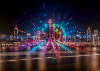 Fototapeta premium Hong Kong business concept of growing up with digital arrows pointing upwards in a vibrant cityscape at night.
