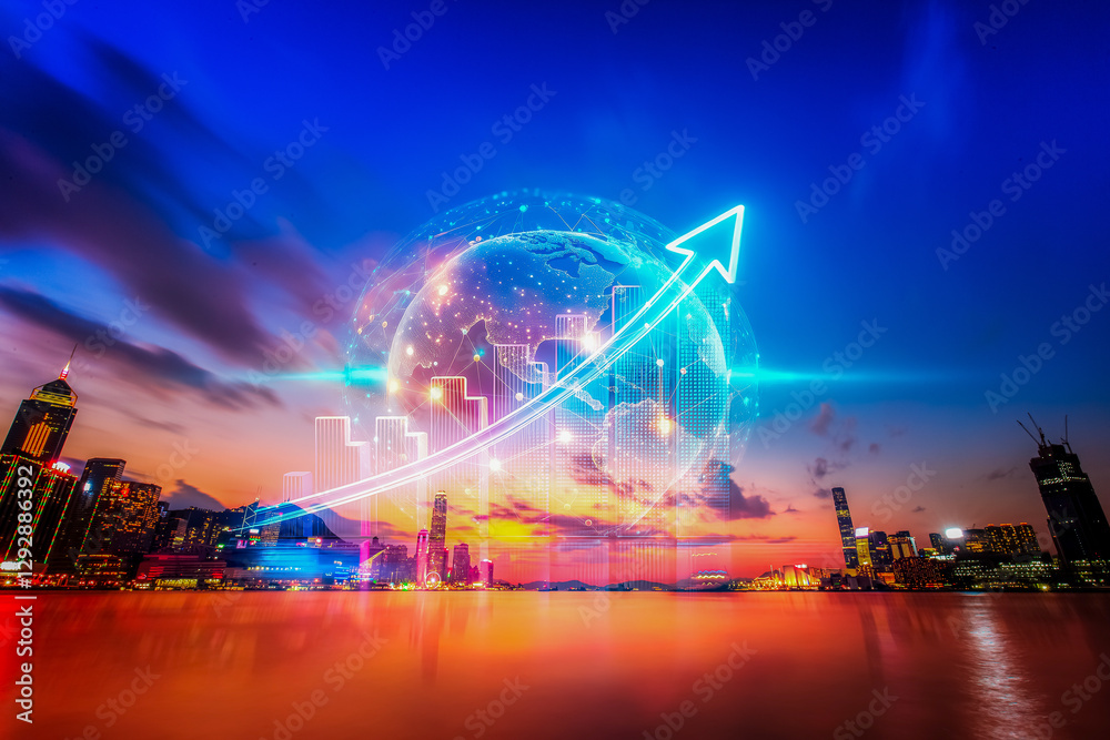 Poster hong kong cityscape at dusk with a digital globe and rising arrow symbolizes business growth. a conc