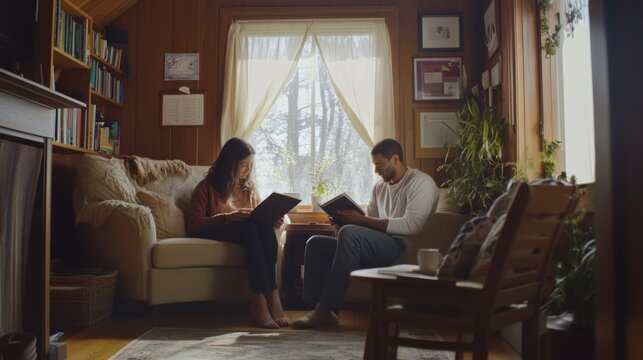A couple reviewing carbon monoxide safety tips in a cozy study. Featuring awareness and preparation