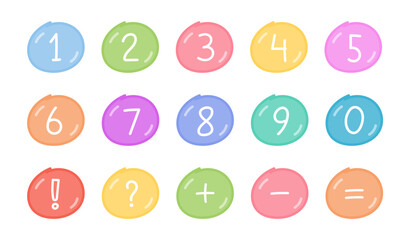 Hand drawn numbers and symbols in colored cartoon circles, vector eps10 illustration