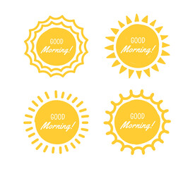 Four hand drawn suns with good morning phrase, vector eps10 illustration