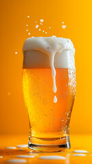 Photo of a glass of blond beer with white foam on top, a single small spill is dripping down from the top, studio light,.