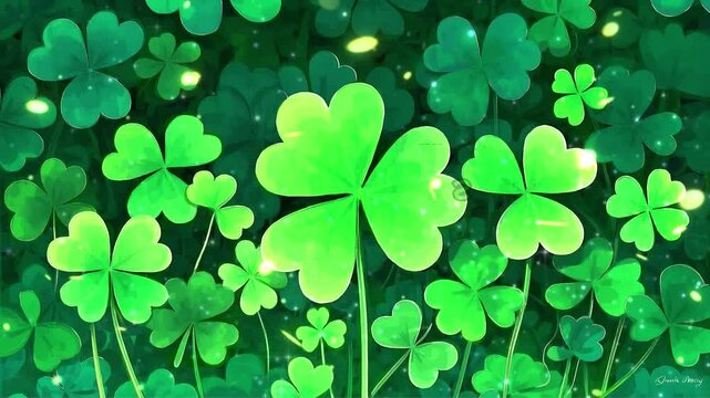 happy st patricks text lucky shiny stars and glowing glittering particles on a green background this Saint Patrick's Day celebration background animation is 4k full hd video st patrick day background
