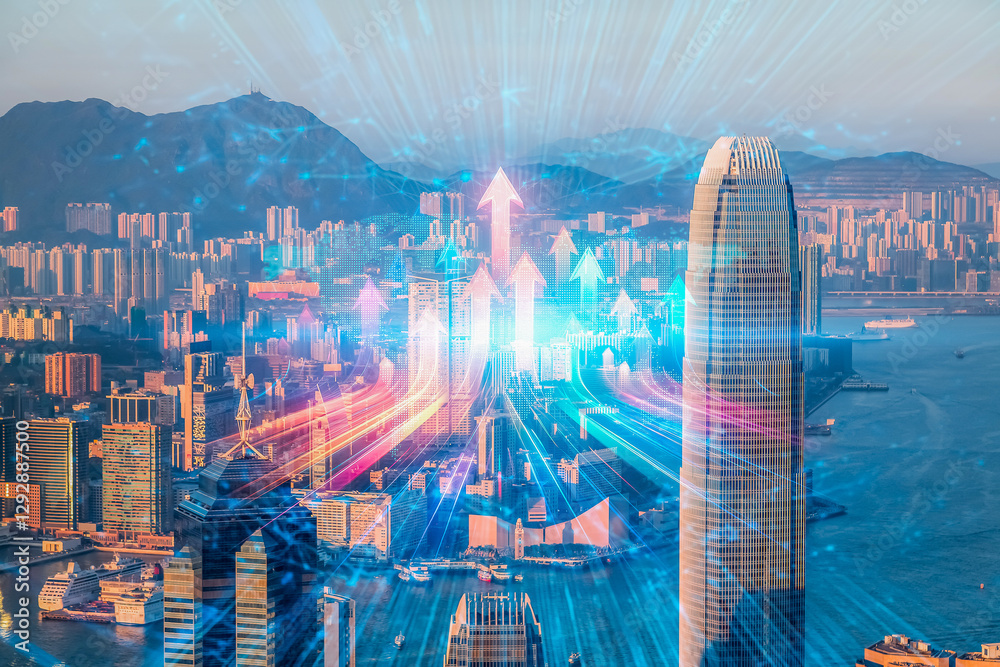 Aufkleber Hong Kong cityscape depicts a business concept of growing up with digital arrows showing progress in the modern urban environment.